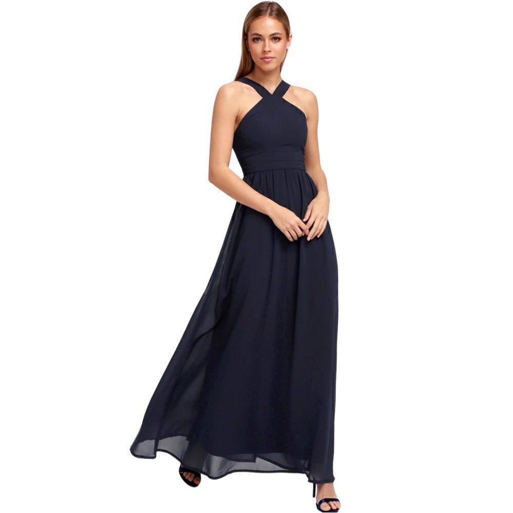 Lulu’s Air of Romance Navy Blue Prom Bridesmaid Maxi dress sz L